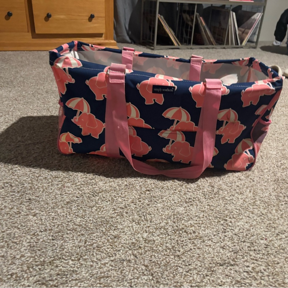 Navy Tote Bag with Pink Elephant Print